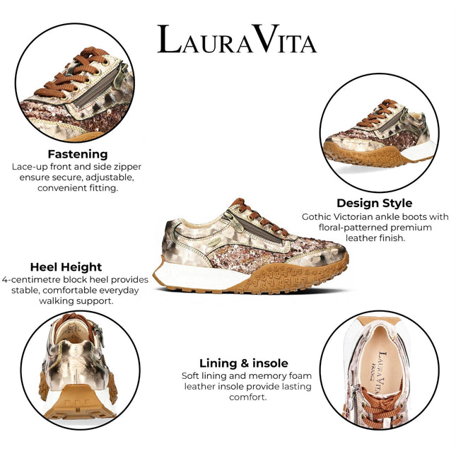 Laura Vita Women's Floral Golden Leather Trainer Sneaker Shoes - Evitao-03