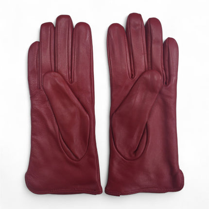 Womens Red Italian Leather Winter Stitch Line Design Soft Wool Lining Gloves - L-GLV-301