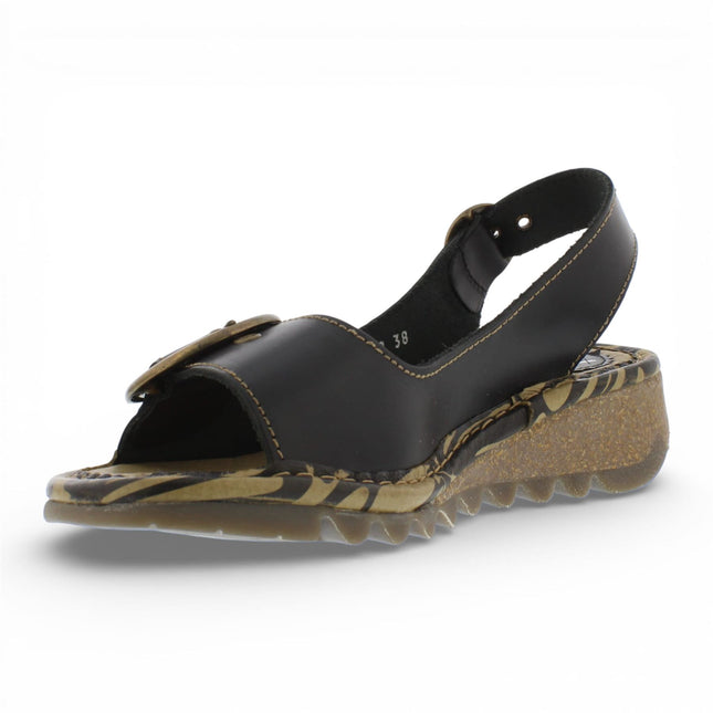 Fly London Women's TRAM723FLY Black Leather Wedge Sandals