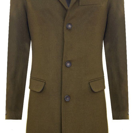 Men's Long Olive Wool Slim Fit Overcoat