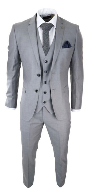 Mens 3 Piece Light Grey Classic Stitch Retro Suit