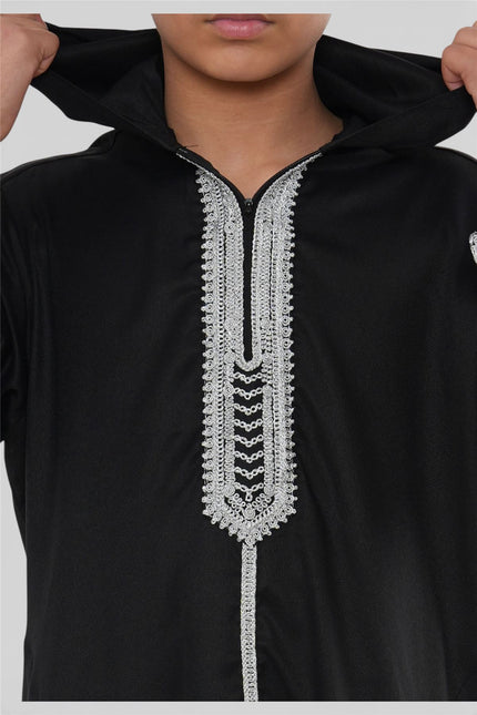 Kids Boys Black Eid Hooded Moroccan Thobe Robe Djellaba Ramadan Jubba- K-HM3