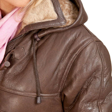 Womens Brown Hooded Sheepskin Leather Duffle Coat-Charlotte