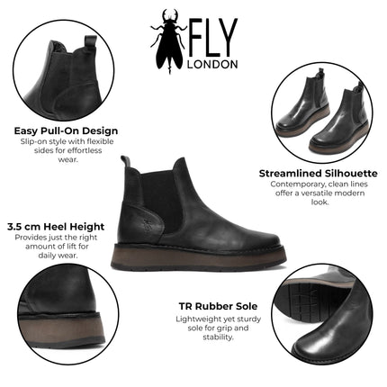Fly London Womens Black Rawi131 Chelsea Leather Ankle Pull-On Classic Comfort Boots