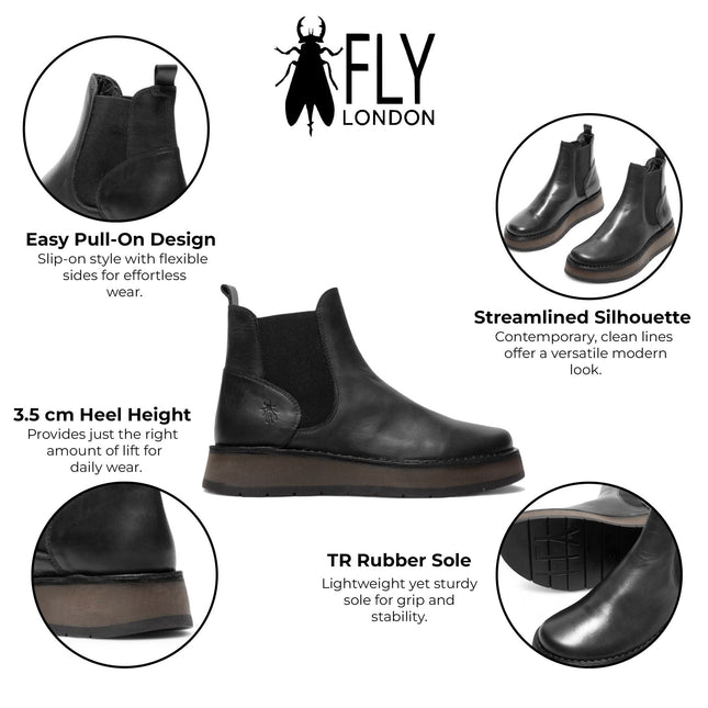 Fly London Womens Black Rawi131 Chelsea Leather Ankle Pull-On Classic Comfort Boots