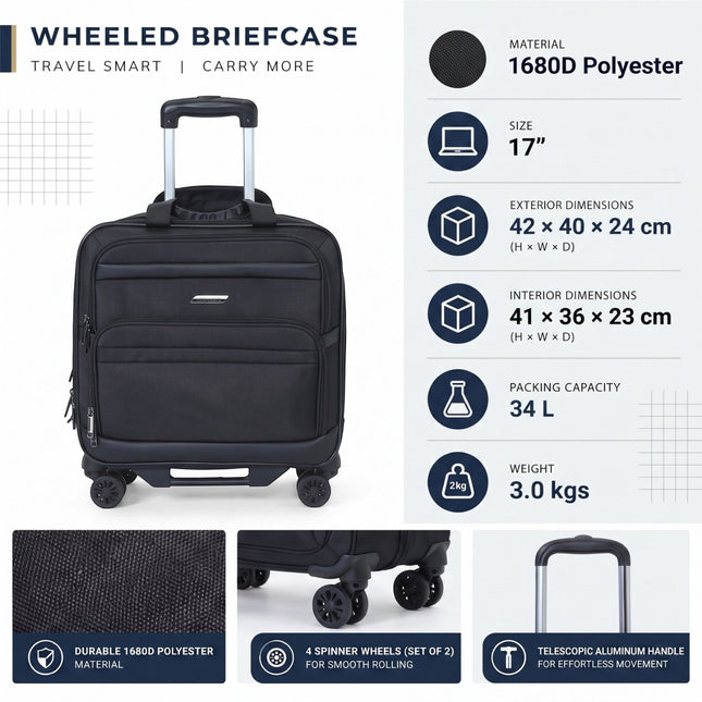 17" Black Wheeled Laptop Briefcase 1680D Polyester 4 Wheel Business Bag