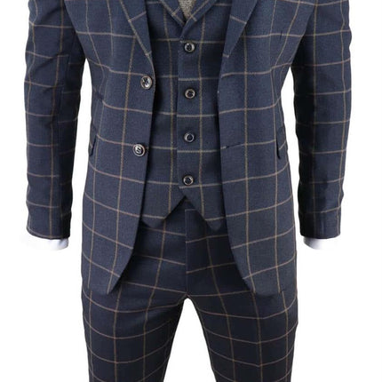 Mens Navy Blue Check 3 Piece Tweed Suit Peaky Blinders 1920s Gatsby Tailored Fit