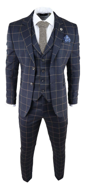 Mens Navy Blue Check 3 Piece Tweed Suit Peaky Blinders 1920s Gatsby Tailored Fit
