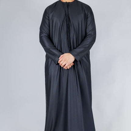 Men's Black Thobe Emirati Islamic Jubba Robe Eid Tassel Slim Fit