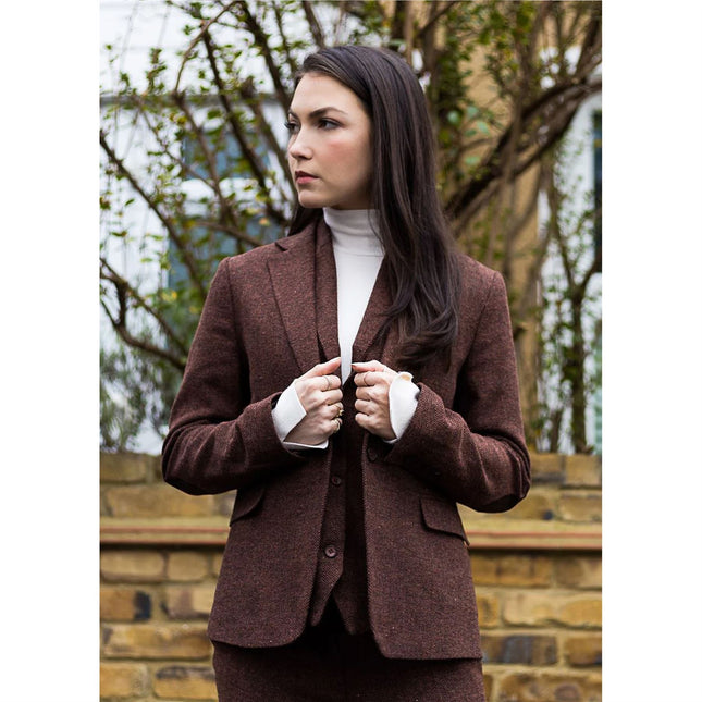 Women's Rust Brown 2 Piece Set Herringbone Wool Tweed Check Blazer Waistcoat
