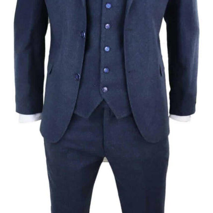Mens 3 Piece Navy Blue Wool Tweed Vintage Retro Suit