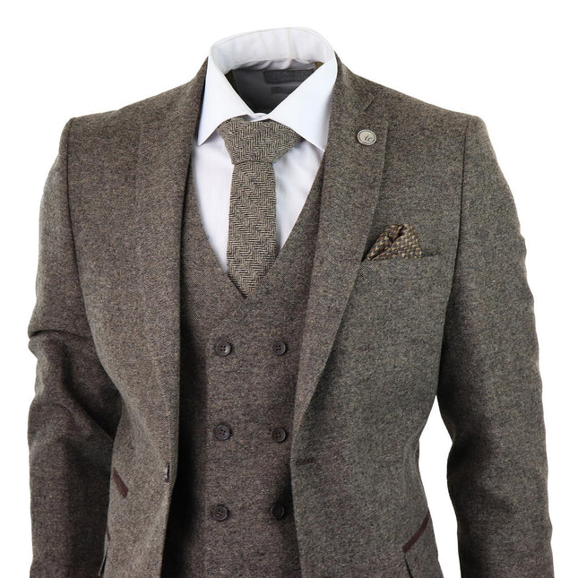 Mens Oak Brown Wool 3 Piece Suit Double Breasted Waistcoat Tweed Peaky Blinders 1920s