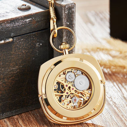 Mechanical Golden Vintage Skeleton Square Open-Face Pocket Watch