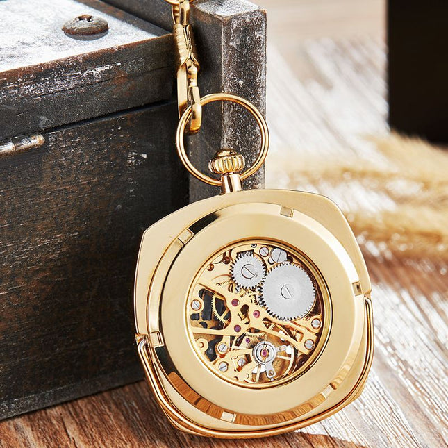 Mechanical Golden Vintage Skeleton Square Open-Face Pocket Watch