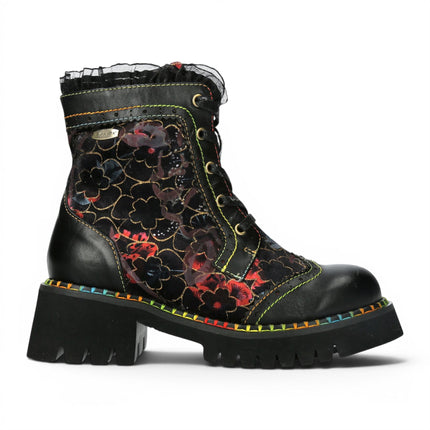 Laura Vita Women's Gothic Floral Black Leather Combat Boots - Oyao-11