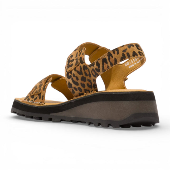 Fly London Women's HEIF558FLY Cheetah Tan Leather Wedge Buckle Sandals