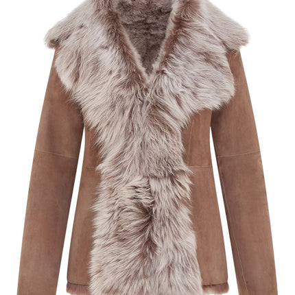 Women's Taupe Sheepskin Toscana Shearling Suede Leather Jacket - Noiré