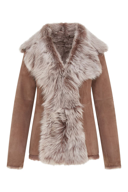 Women's Taupe Sheepskin Toscana Shearling Suede Leather Jacket - Noiré