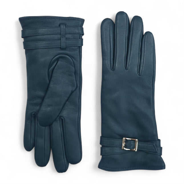 Womens Teal Green Italian Leather Winter Buckle Soft Wool Lining Gloves - L-GLV-601