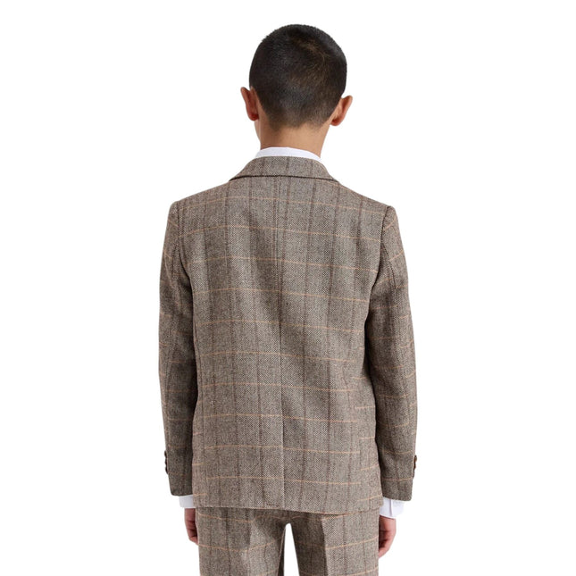 Boys Brown Tailored Fit Tweed 3 Piece Formal Suit - Harris