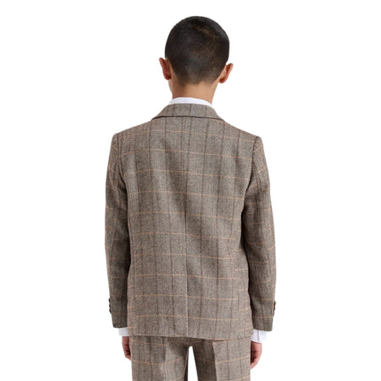 Boys Brown Tailored Fit Tweed 3 Piece Formal Suit - Harris