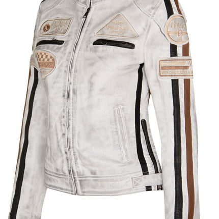 Womens Biker Racing Badges Leather Jacket-Eastleigh