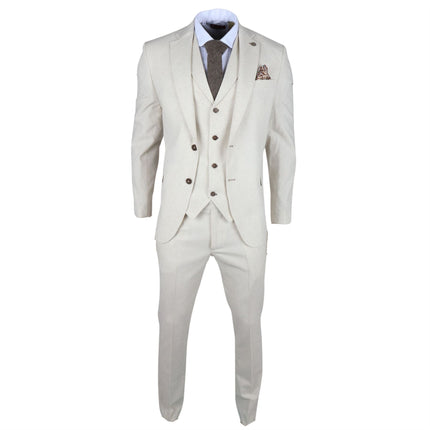 Men's Beige 3 Piece Linen Formal Summer Wedding Suit