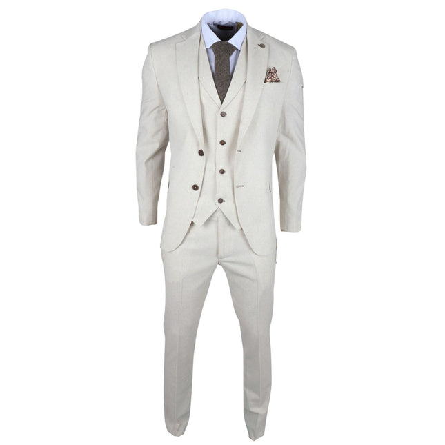 Men's Beige 3 Piece Linen Formal Summer Wedding Suit