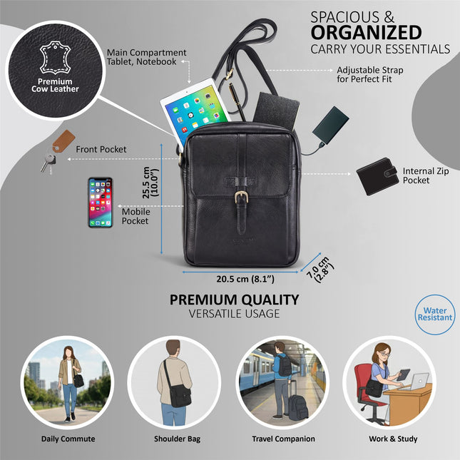 Genuine Leather Black Vintage Crossbody Messenger Travel Bag - Ashby