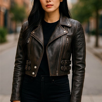 Womens Cropped Brando Leather Biker Jacket-Damascus