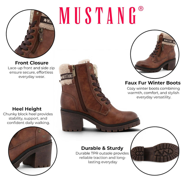 Mustang Women's Cognac Brown Winter Warm Heeled Lace-Up Boots - M0122001
