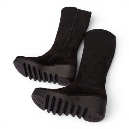 Fly London Womens Black Suede Leather High Wedge Heel Long Boots - BUDI603