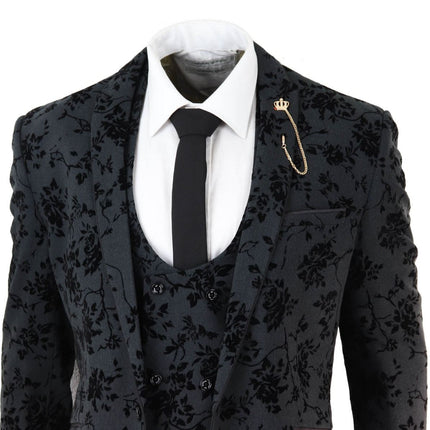 Mens 3 Piece Black Paisley Velvet Dinner Suit