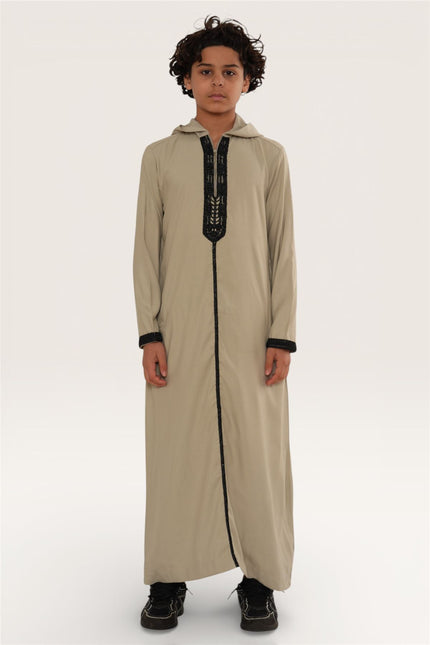 Kids Boys Grey Eid Hooded Moroccan Thobe Robe Djellaba Ramadan Jubba- K-HM3