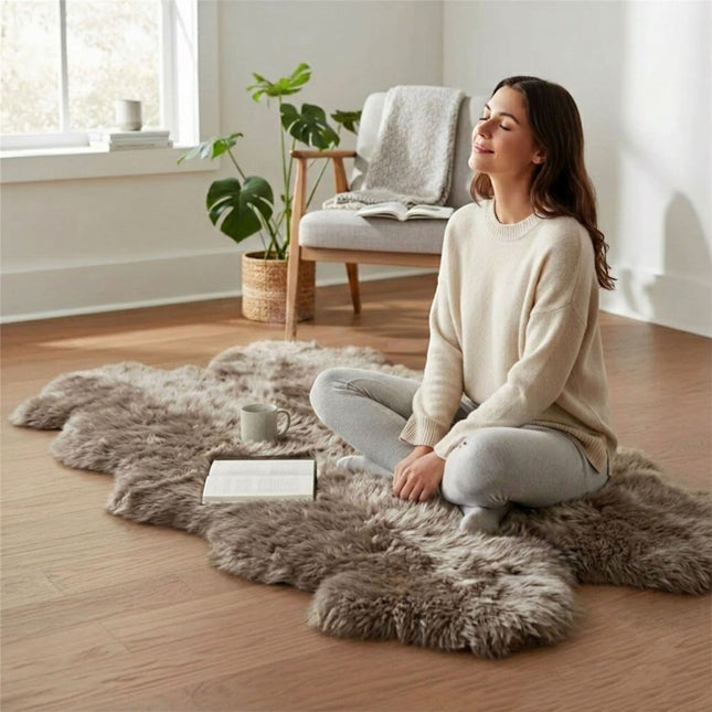Genuine Sheepskin Mushroom Quad Natural Fluffy Silky Soft Real Wool Rug