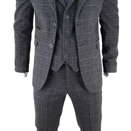 Mens Grey Check 3 Piece Tweed Suit Peaky Blinders 1920s Gatsby Tailored Fit