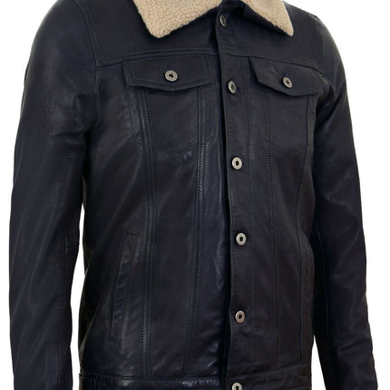 Mens Removable Collar Leather Trucker Jacket-Zagreb