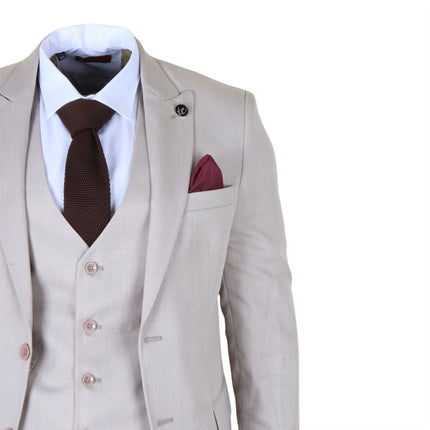 Men's Cream 3-Piece Tailored Fit Formal Wedding Peak Lapel Suit