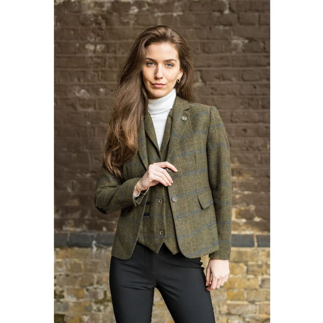 Women's Olive 2 Piece Set Tweed Blazer Waistcoat in Herringbone Check