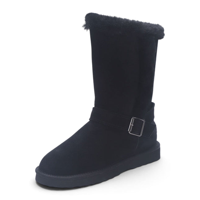 Women's Black Genuine Sheepskin Suede Calf Winter Warm Boots - Redwood
