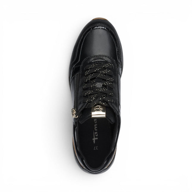 Tamaris Womens Black Faux Leather Fashion Lace Up Sneakers - 23613-46