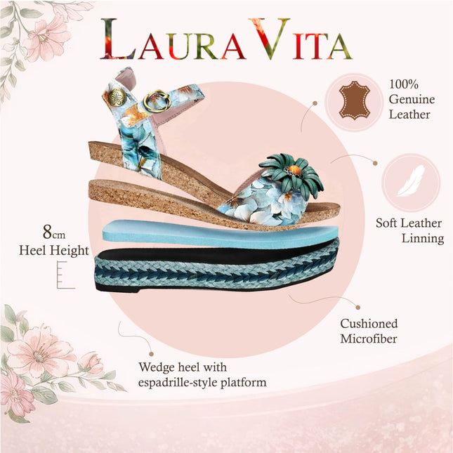Laura Vita Women's Facyo 75 Blue Floral Leather Wedge Espadrille Sandals