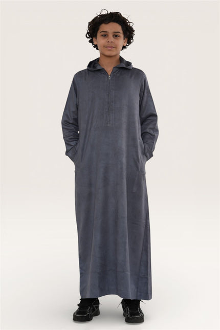Kids Boys Hooded Eid Grey Moroccan Jubba Robe Ramadan Eid Thobe - K-HM12