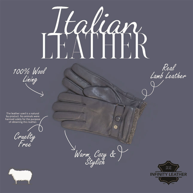 Men’s Navy Blue Italian Leather Warm Wool Lining Winter Knit Rib Gloves - M-LGV-105