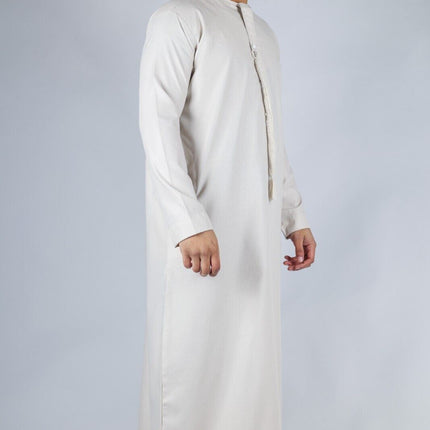 Men's Beige Thobe Emirati Islamic Jubba Robe Eid Tassel Slim Fit