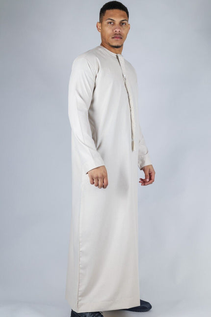 Men's Beige Thobe Emirati Islamic Jubba Robe Eid Tassel Slim Fit