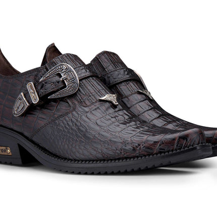 Men's Brown Croc Leather Cuban Heel Winklepicker Boots Tc