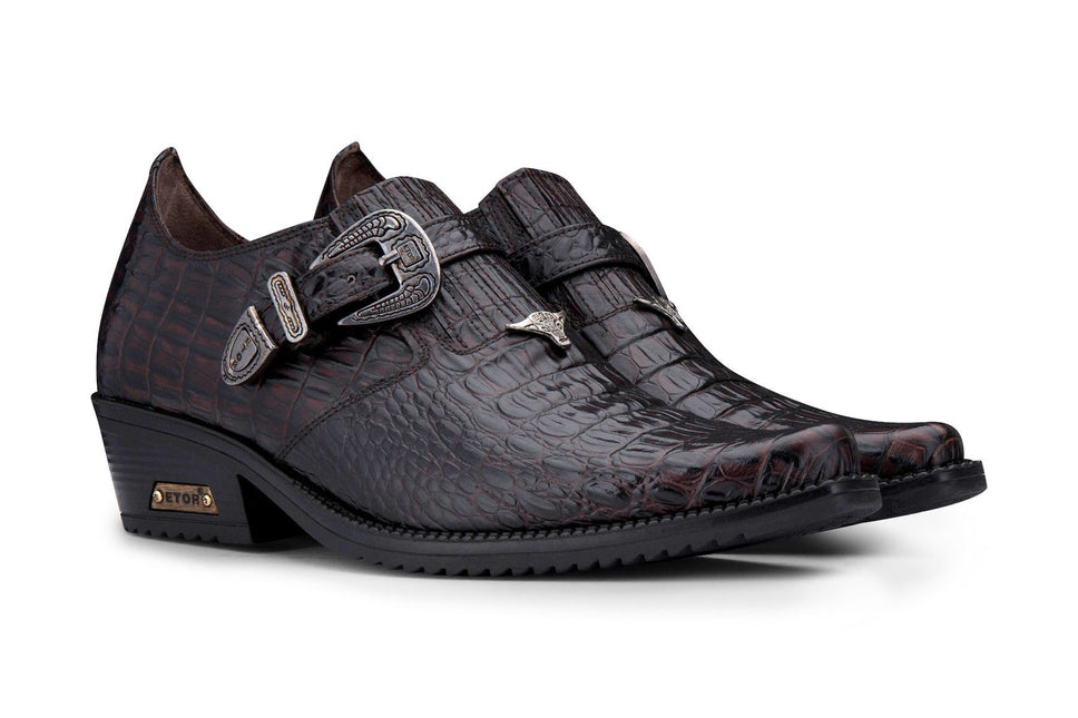 Men's Brown Croc Leather Cuban Heel Winklepicker Boots Tc