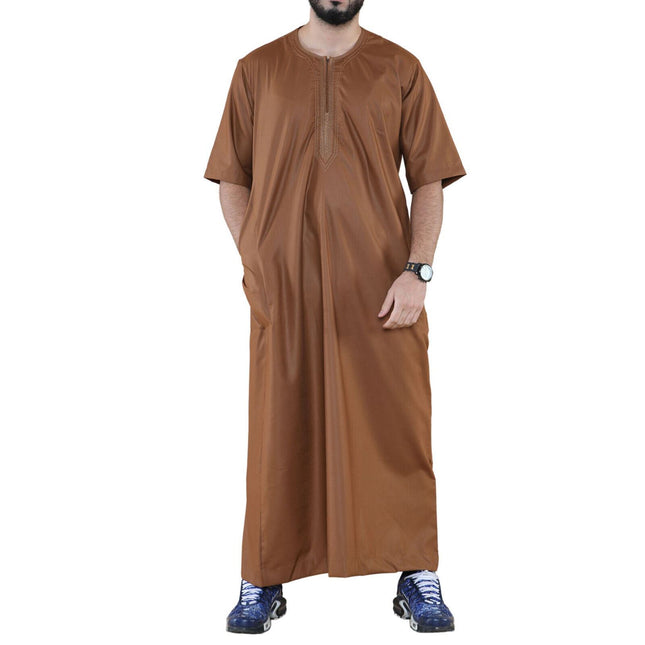 Mens Brown Thobe Jubba Islamic Arab Moroccan Saudi Zipped Kaftan Arab Robe