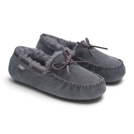 Women's Grey Genuine Sheepskin Moccasin Winter Slippers - Aspen